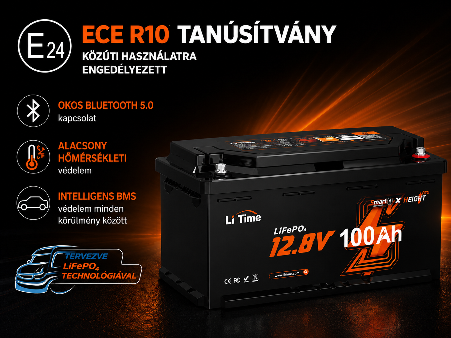 LiTime 12V 100Ah  H190 LiFePO4 akkumulátor – Bluetooth