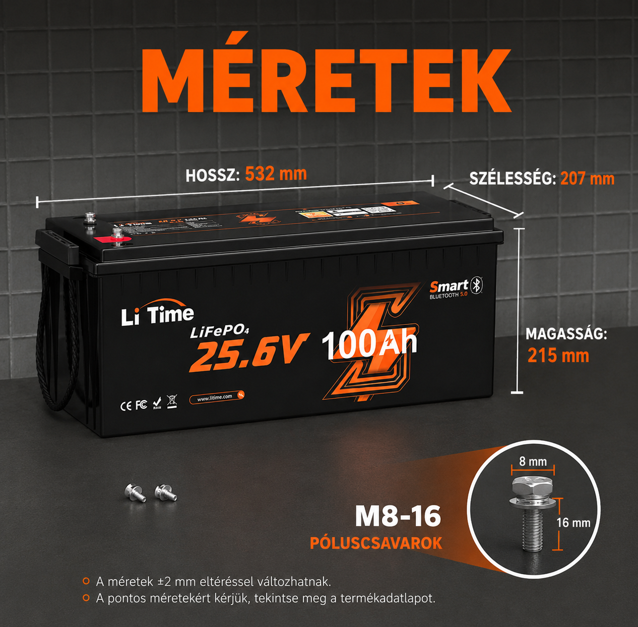 LiTime 24V 100Ah LiFePO4 akkumulátor – Bluetooth