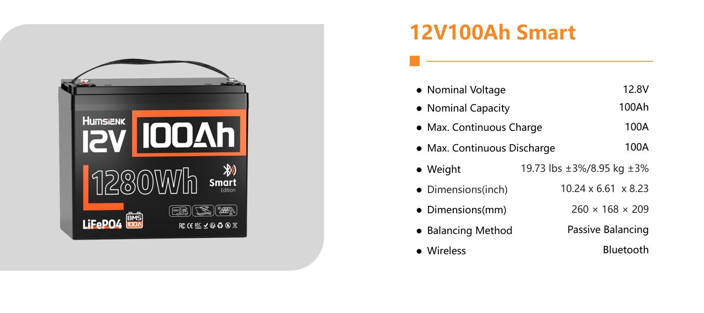 Humsienk 12V 100Ah LiFePO4 akkumulátor – Bluetooth
